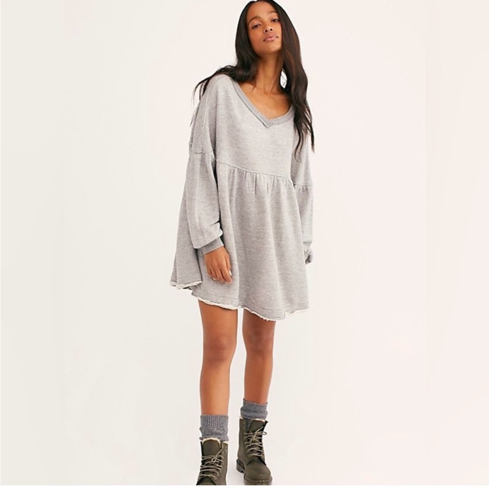 Free People Oversized Sweatshirt Dress With Pockets Gray Color Size S